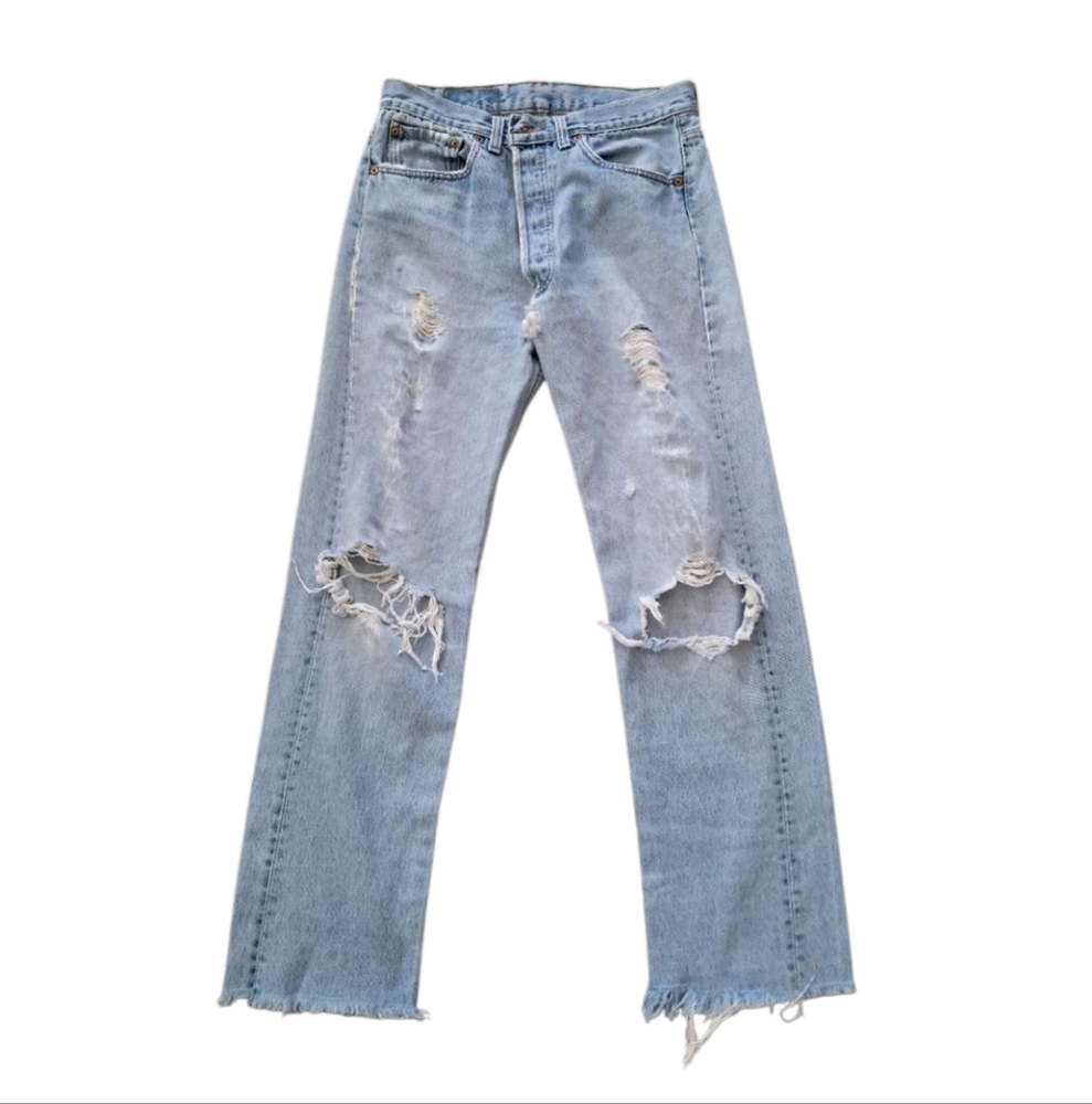 Thrashed Levis high waisted 501 Men's Distressed button fly denim blue jeans 32